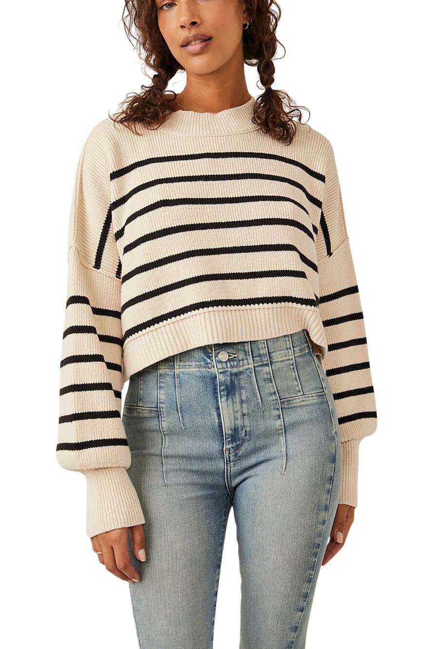 Free People Easy Street Stripe Crop Pullover Mock Neck Breton S Oatmeal Cozy